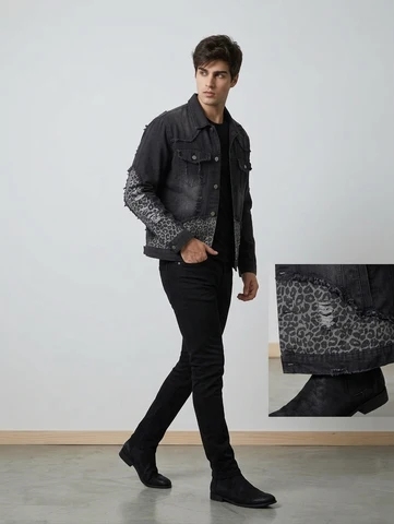 Black Cheetah Ripped Denim Jacket