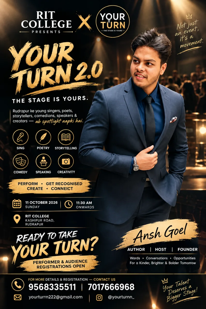 Your Turn 2.0 का पोस्टर: 11 अक्टूबर, सुबह 11:30, RIT कॉलेज काशीपुर रोड; होस्ट अंश गोयल की तस्वीर और रजिस्ट्रेशन नंबर